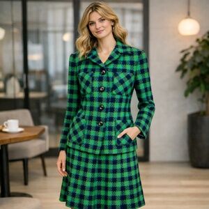 Vintage Towncliffe Tweed Plaid Skirt Blazer Jacket Suit Set Green Blue
